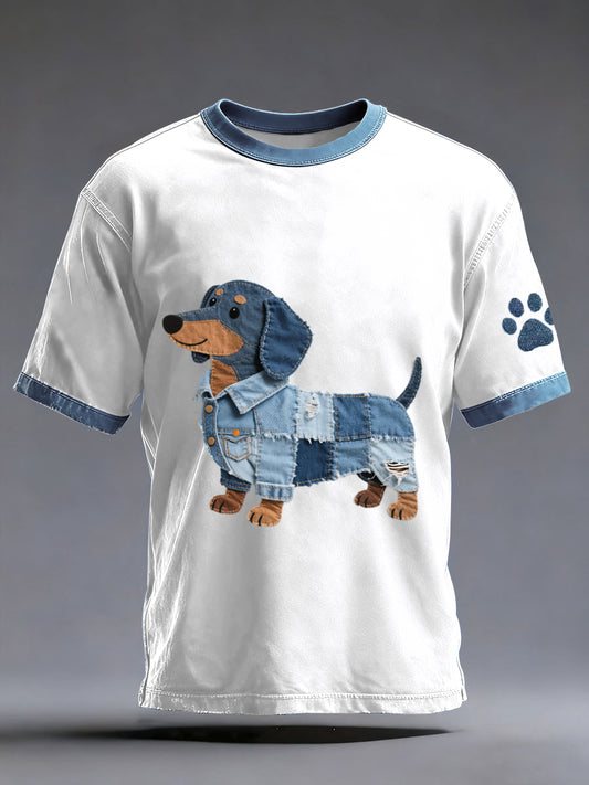 Denim Patchwork arte Dachshund Dog padrão do homens lavado t-shirt