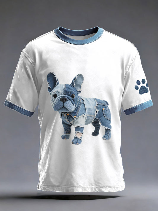 Denim Patchwork arte buldogue francês padrão masculino lavado t-shirt