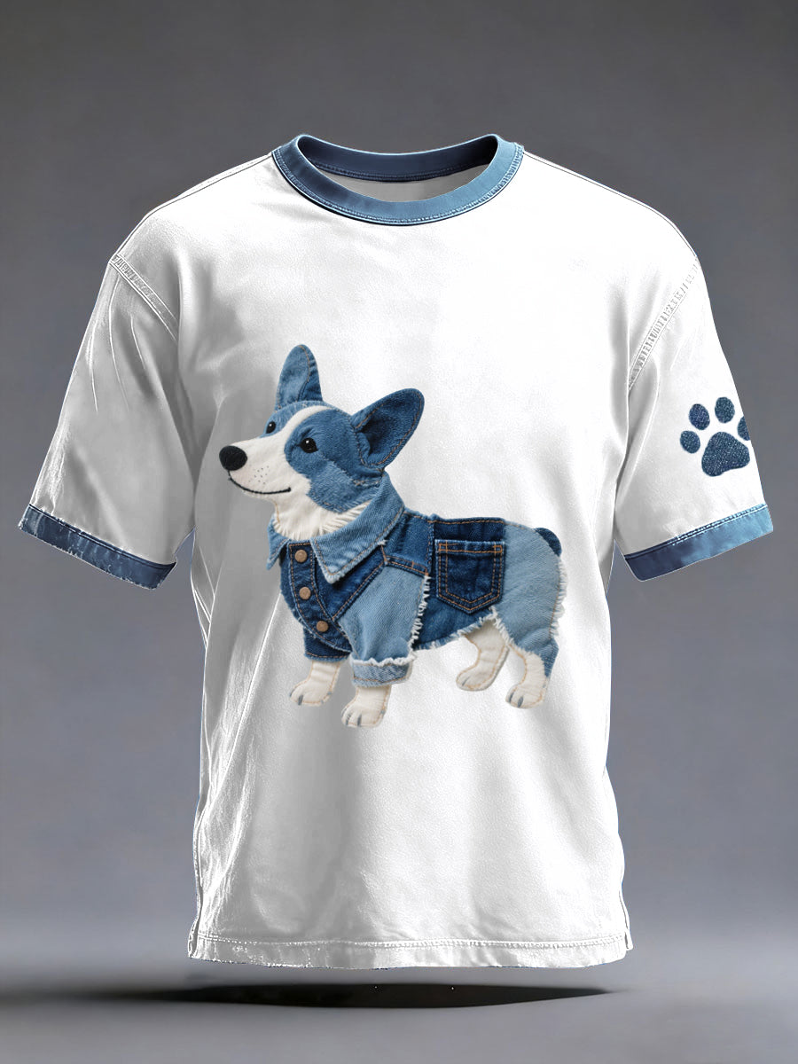 Denim Patchwork Art Corgi Dog Padrão camiseta lavada do homens