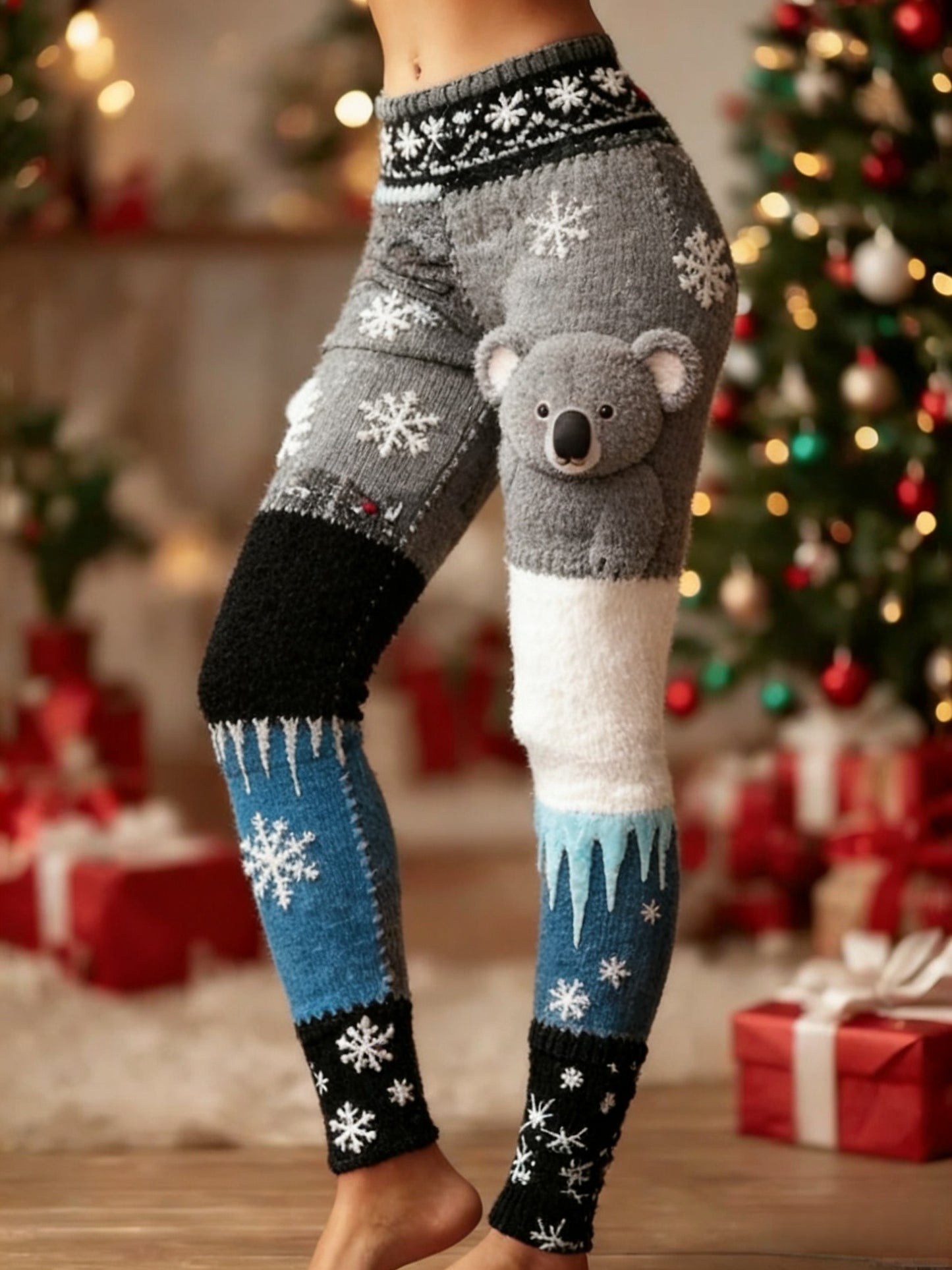 Retro Natal Koala Snowflake Patchwork esportes Leggings estiramento feminino