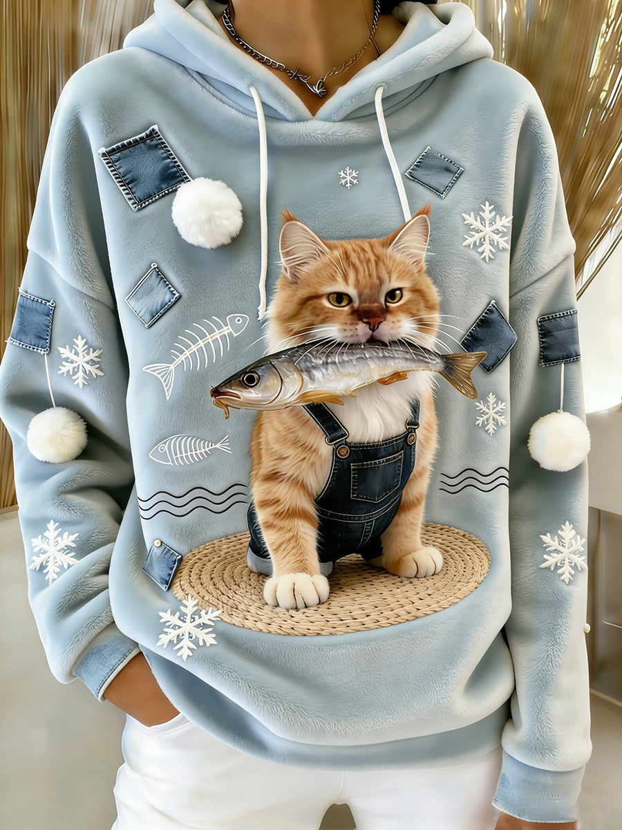 Arte Animal retro feminino imprime moletom com capuz de flanela confortável