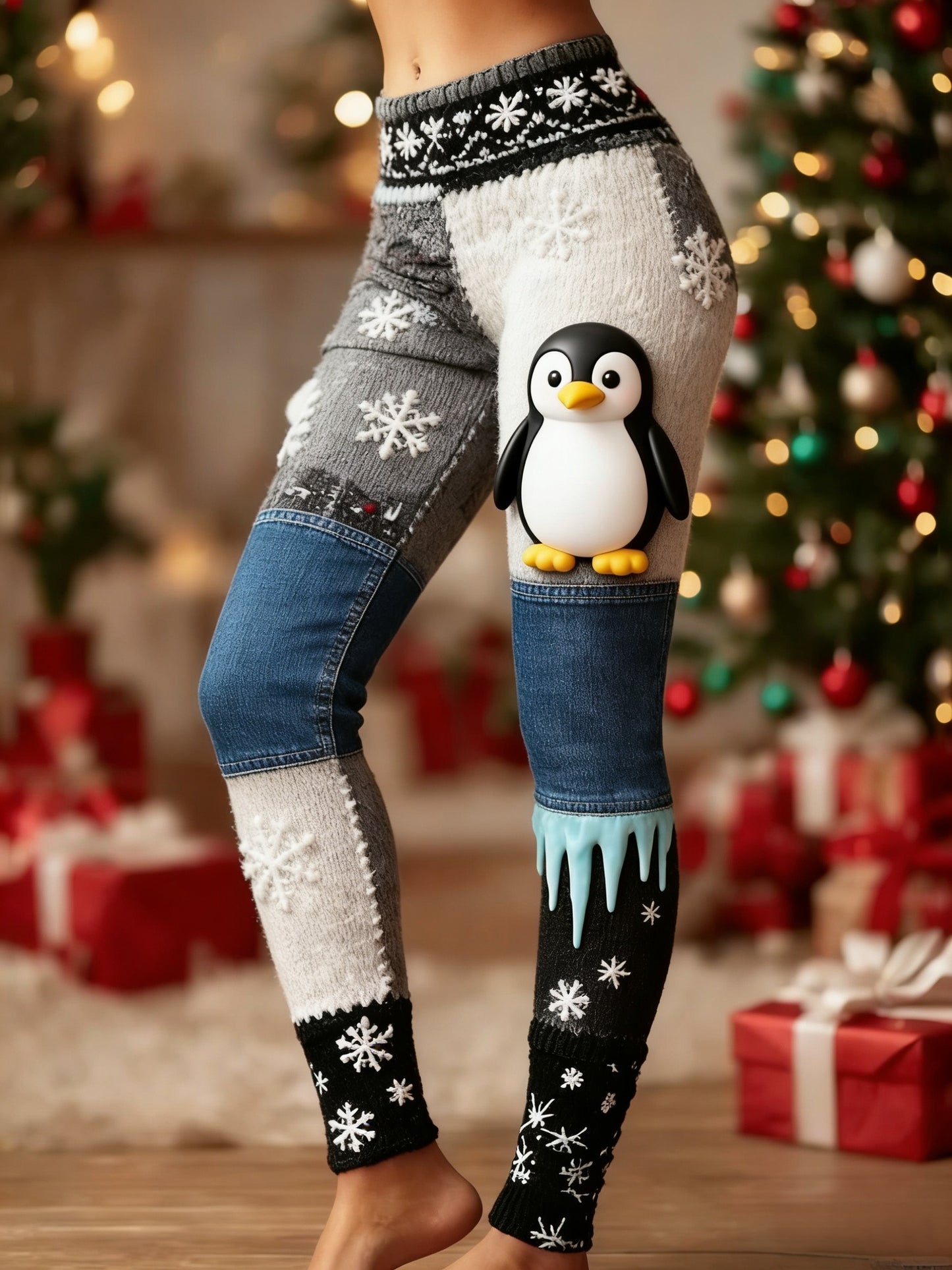 Retro Natal pinguim floco de neve Patchwork feminino esportes estiramento Leggings