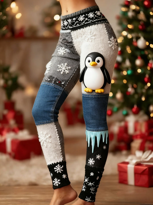 Retro Natal pinguim floco de neve Patchwork feminino esportes estiramento Leggings