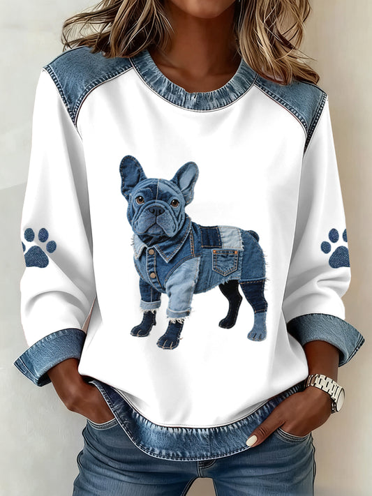 Adorável buldogue francês padrão Denim Patchwork moletom do mulheres