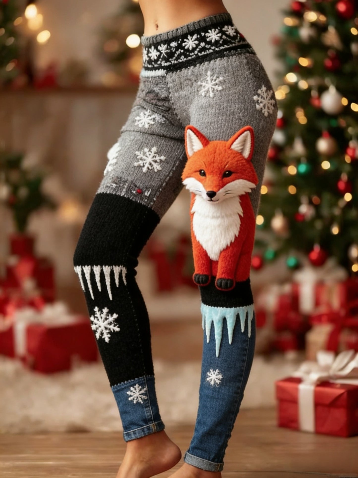 Vintage Natal Fox Snowflake Patchwork feminino esportes esticar Leggings