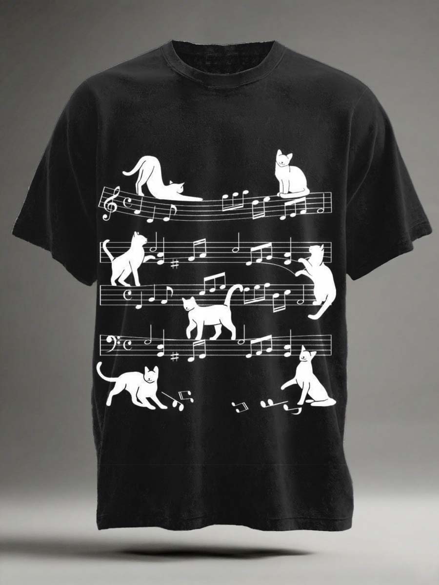 Resumo Musical Score Cat Imprimir Casual de manga curta T-shirt
