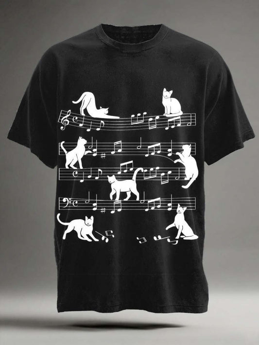 Resumo Musical Score Cat Imprimir Casual de manga curta T-shirt