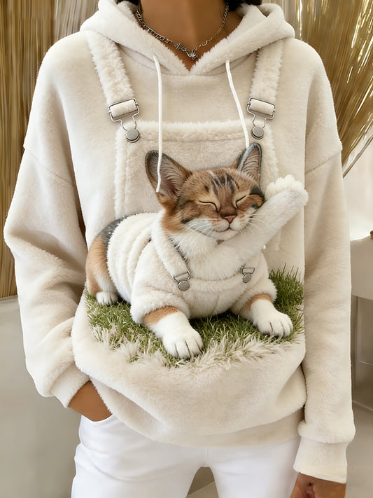 Arte Animal retro feminino imprime moletom com capuz de flanela confortável