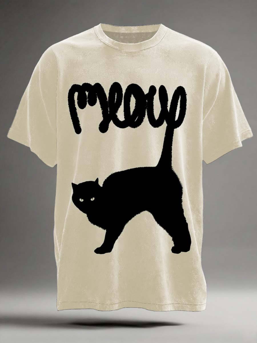 Gato preto abstrato imprimir camiseta casual de manga curta