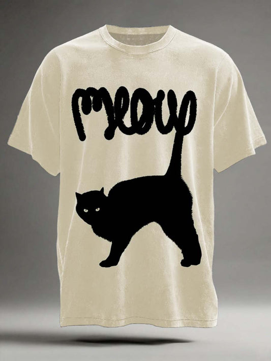 Gato preto abstrato imprimir camiseta casual de manga curta