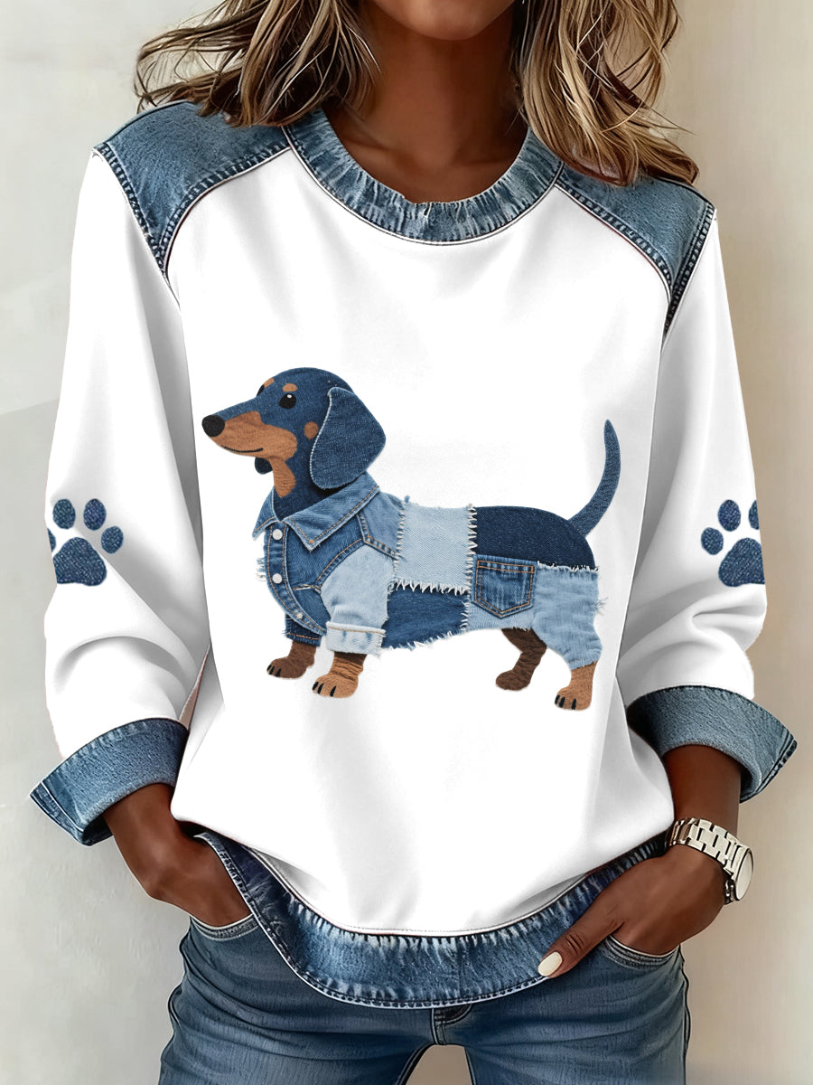 Adorável cão Dachshund padrão Denim Patchwork moletom do mulheres