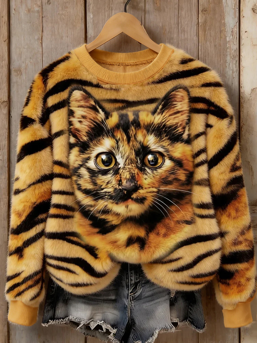 Arte animal retro impressão confortável top de flanela feminino