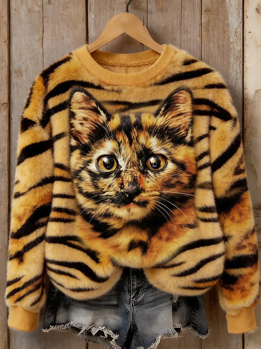 Arte animal retro impressão confortável top de flanela feminino