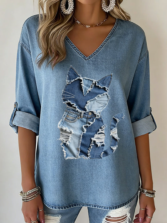 Animal Print V-Neck Mid-Sleeve feminino impresso T-shirt Casual