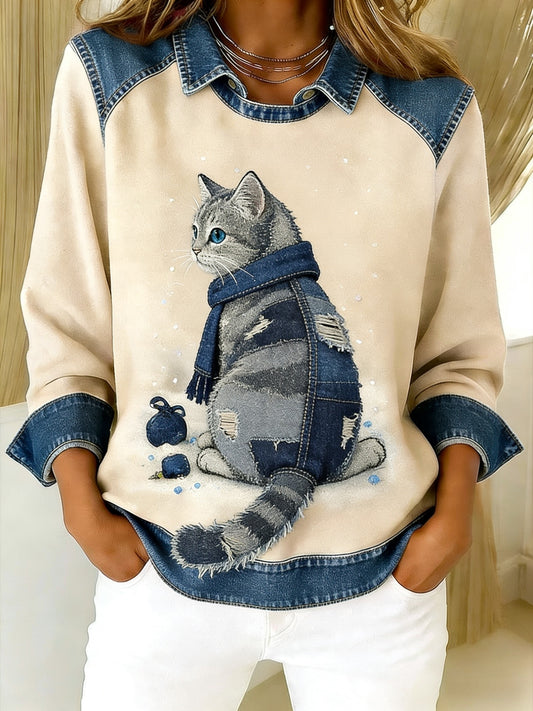 Retro Bonito Gato Denim Lenço Patchwork Impresso Casual Loose Long Sleeve Lapel Sweatshirt
