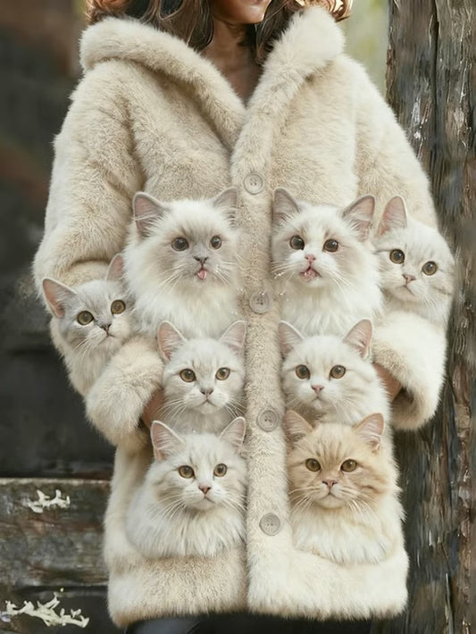 Animal gato das mulheres imprimir flanela casaco quente