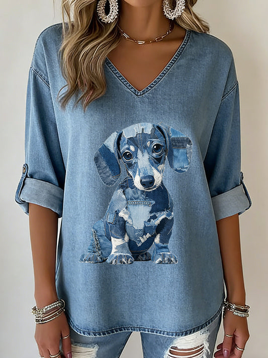 Animal Print V-Neck Mid-Sleeve feminino impresso T-shirt Casual