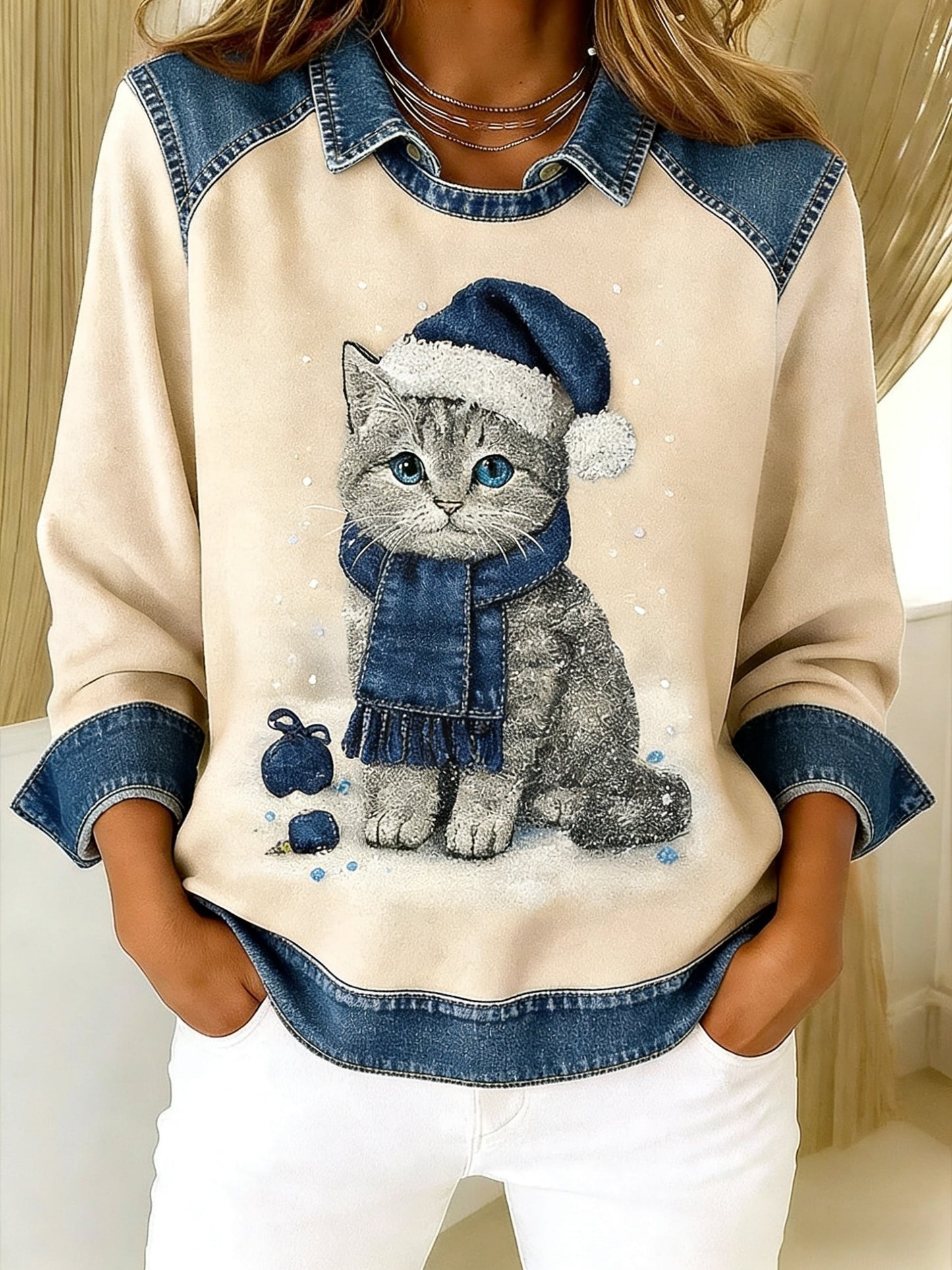 Retro Bonito Gato Denim Lenço Patchwork Impresso Casual Loose Long Sleeve Lapel Sweatshirt