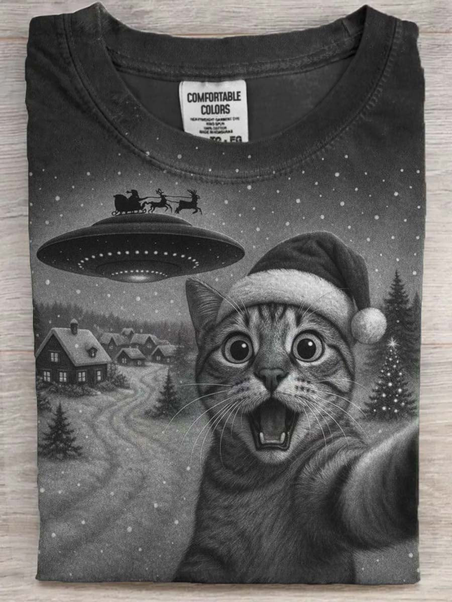 Gato do Natal UFO Trenó Imprimir Casual de manga curta T-shirt