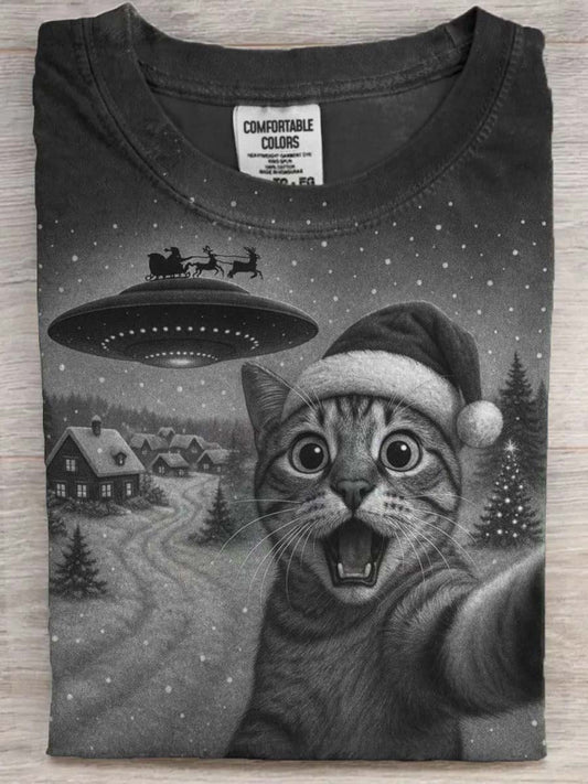 Gato do Natal UFO Trenó Imprimir Casual de manga curta T-shirt