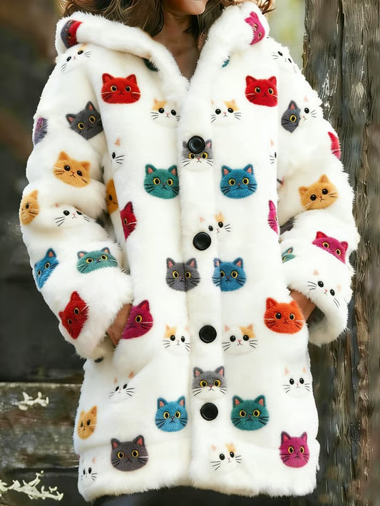 Animal gato das mulheres imprimir flanela casaco quente