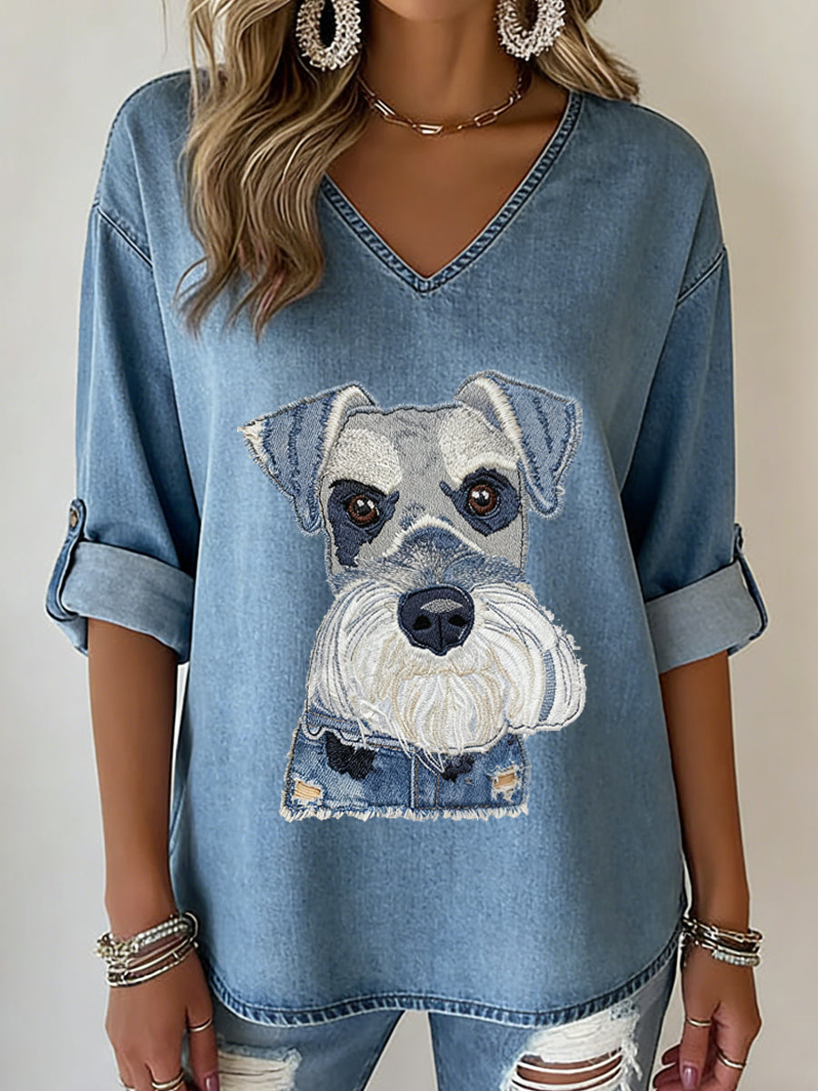 Animal Print V-Neck Mid-Sleeve feminino impresso T-shirt Casual