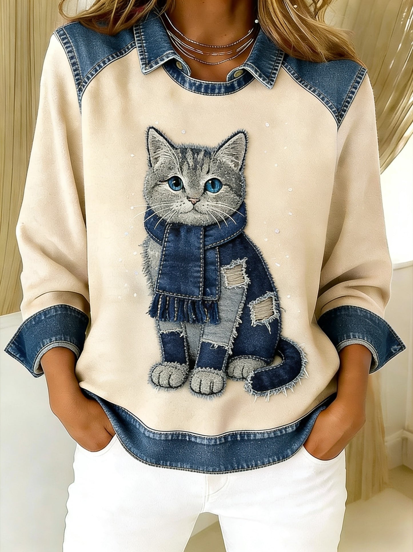 Retro Bonito Gato Denim Lenço Patchwork Impresso Casual Loose Long Sleeve Lapel Sweatshirt