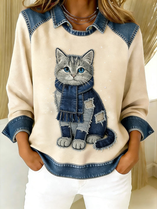 Retro Bonito Gato Denim Lenço Patchwork Impresso Casual Loose Long Sleeve Lapel Sweatshirt