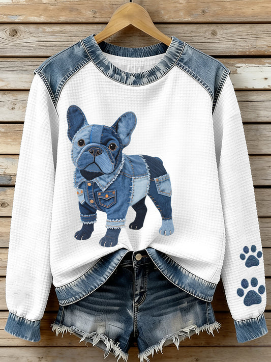 Adorável buldogue francês padrão Denim Patchwork Waffle moletom do mulheres