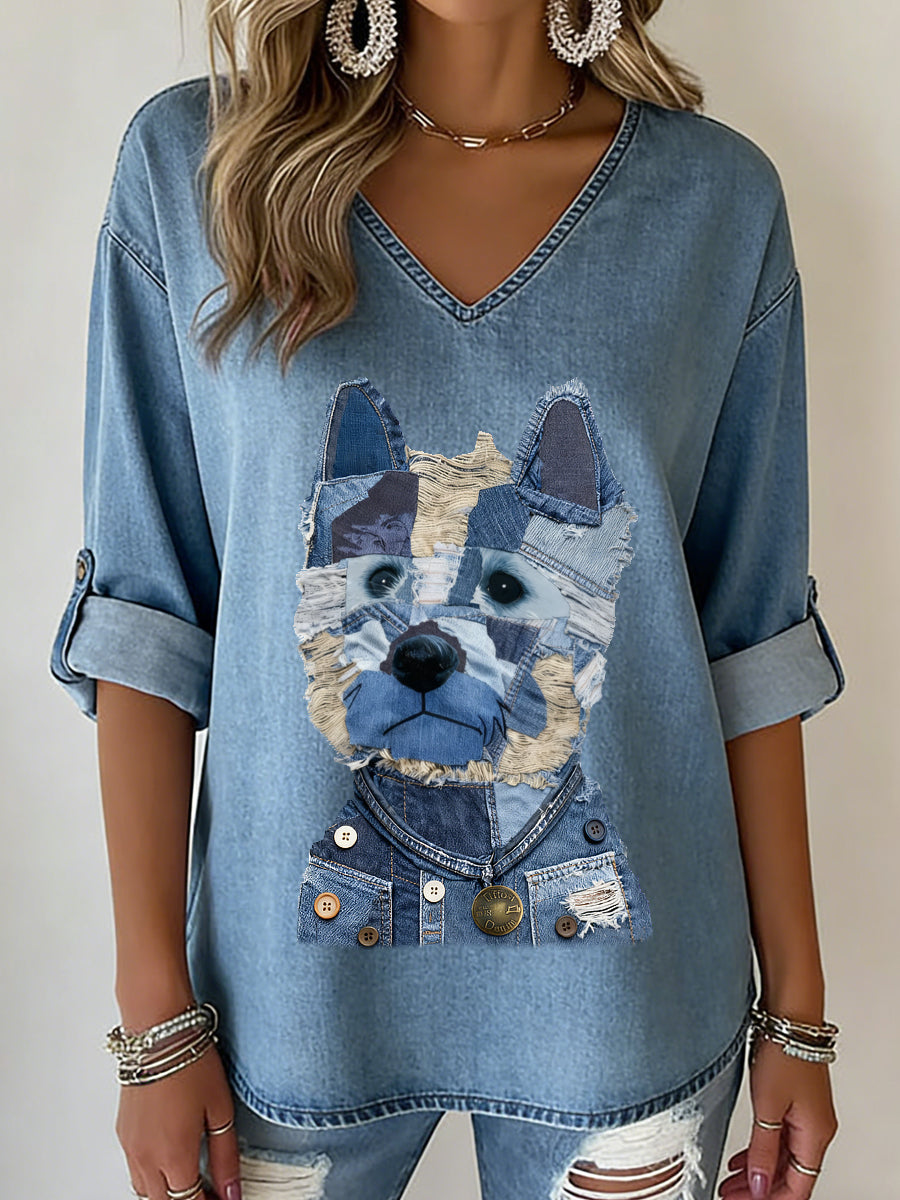 Animal Print V-Neck Mid-Sleeve feminino impresso T-shirt Casual