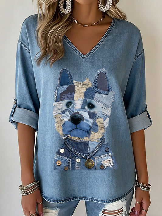 Animal Print V-Neck Mid-Sleeve feminino impresso T-shirt Casual