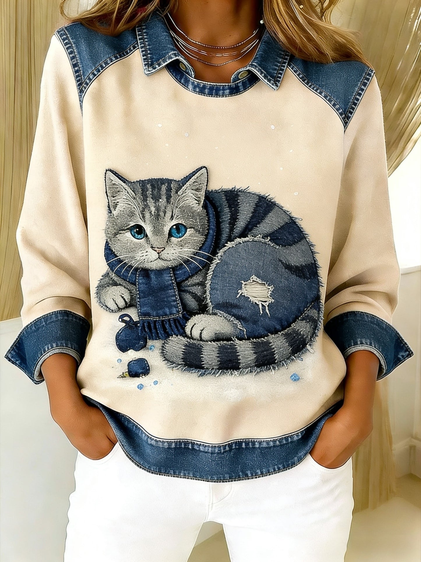 Retro Bonito Gato Denim Lenço Patchwork Impresso Casual Loose Long Sleeve Lapel Sweatshirt