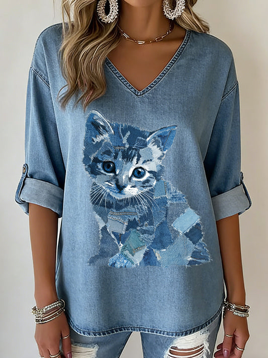 Animal Print V-Neck Mid-Sleeve feminino impresso T-shirt Casual