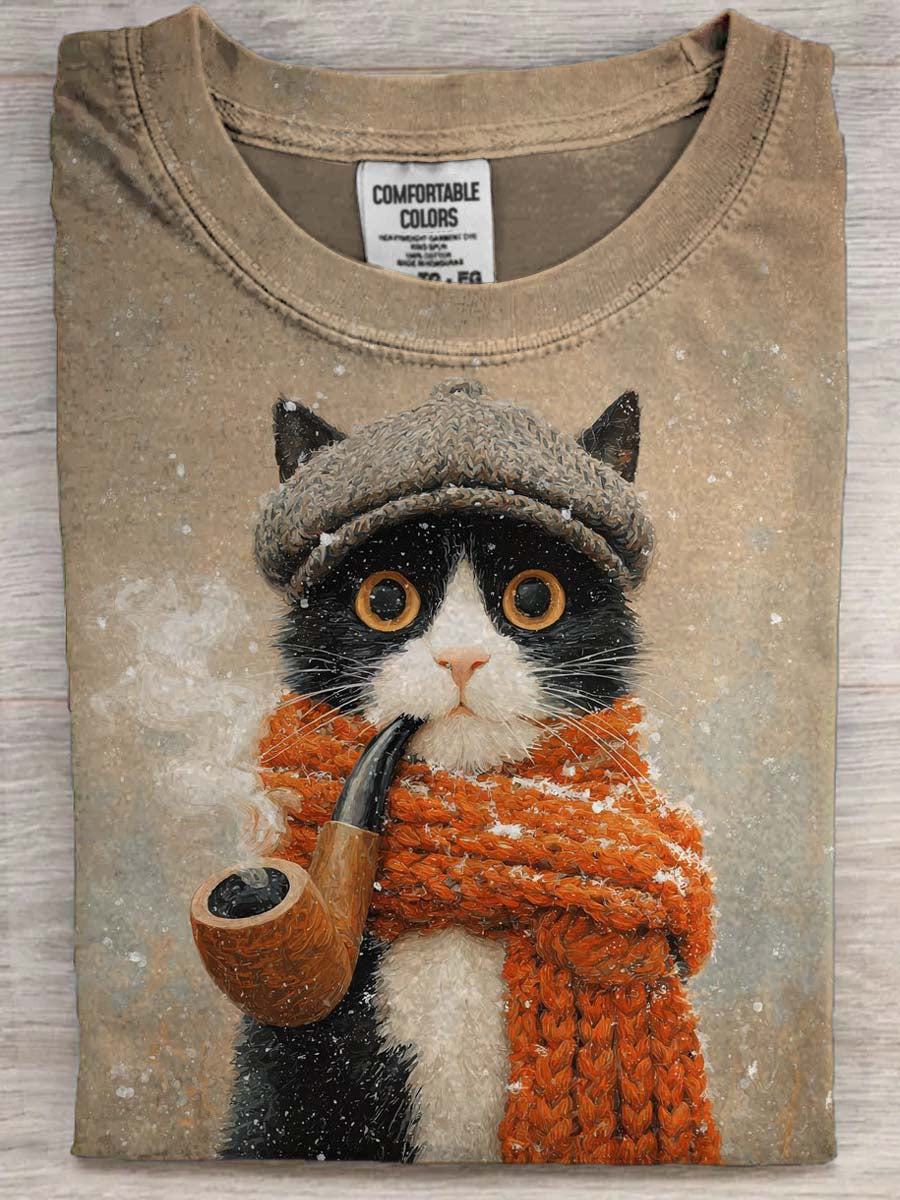 Inverno Tubo Gato Imprimir Casual Manga Curta T-shirt