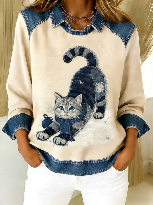Retro Bonito Gato Denim Lenço Patchwork Impresso Casual Loose Long Sleeve Lapel Sweatshirt