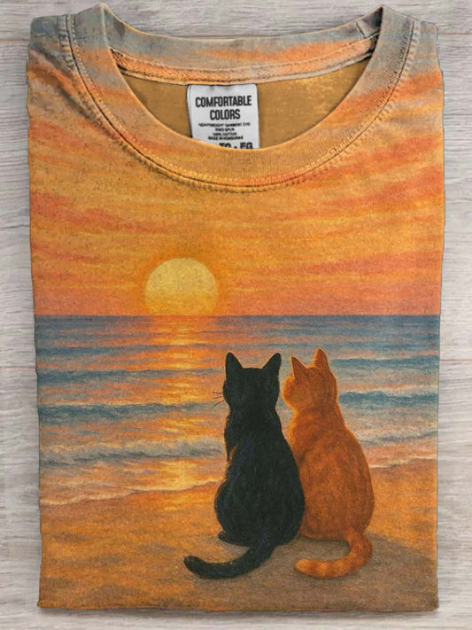 Camiseta Casual de manga curta Beach Sunset Cat Print
