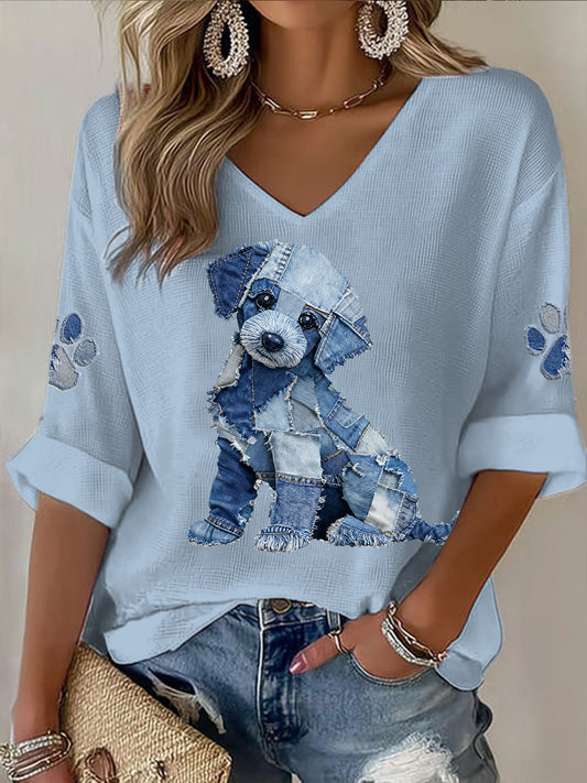 Animal Print V-Neck Mid-Sleeve feminino impresso T-shirt Casual