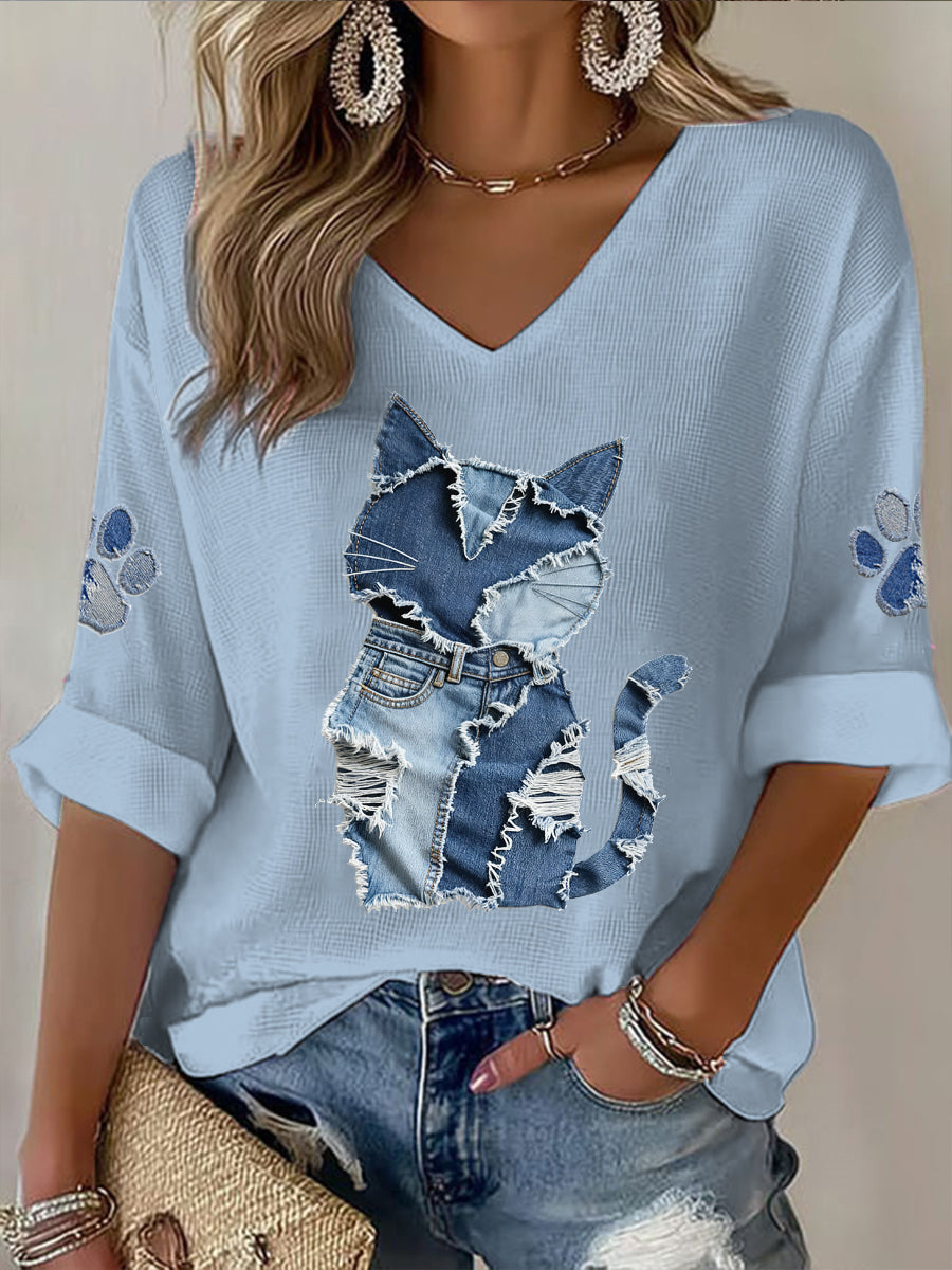 Animal Print V-Neck Mid-Sleeve feminino impresso T-shirt Casual
