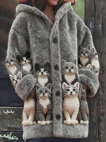 Animal gato das mulheres imprimir flanela casaco quente