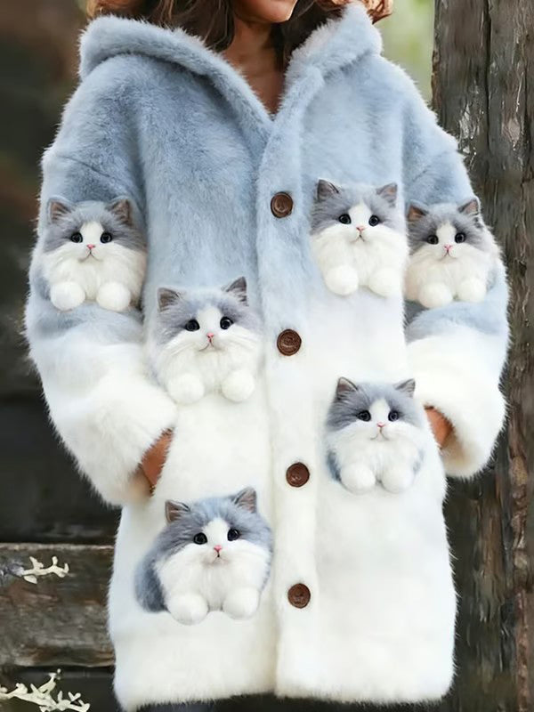 Animal gato das mulheres imprimir flanela casaco quente