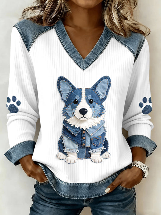 Adorável Corgi padrão Denim Patchwork v-Neck Top feminino