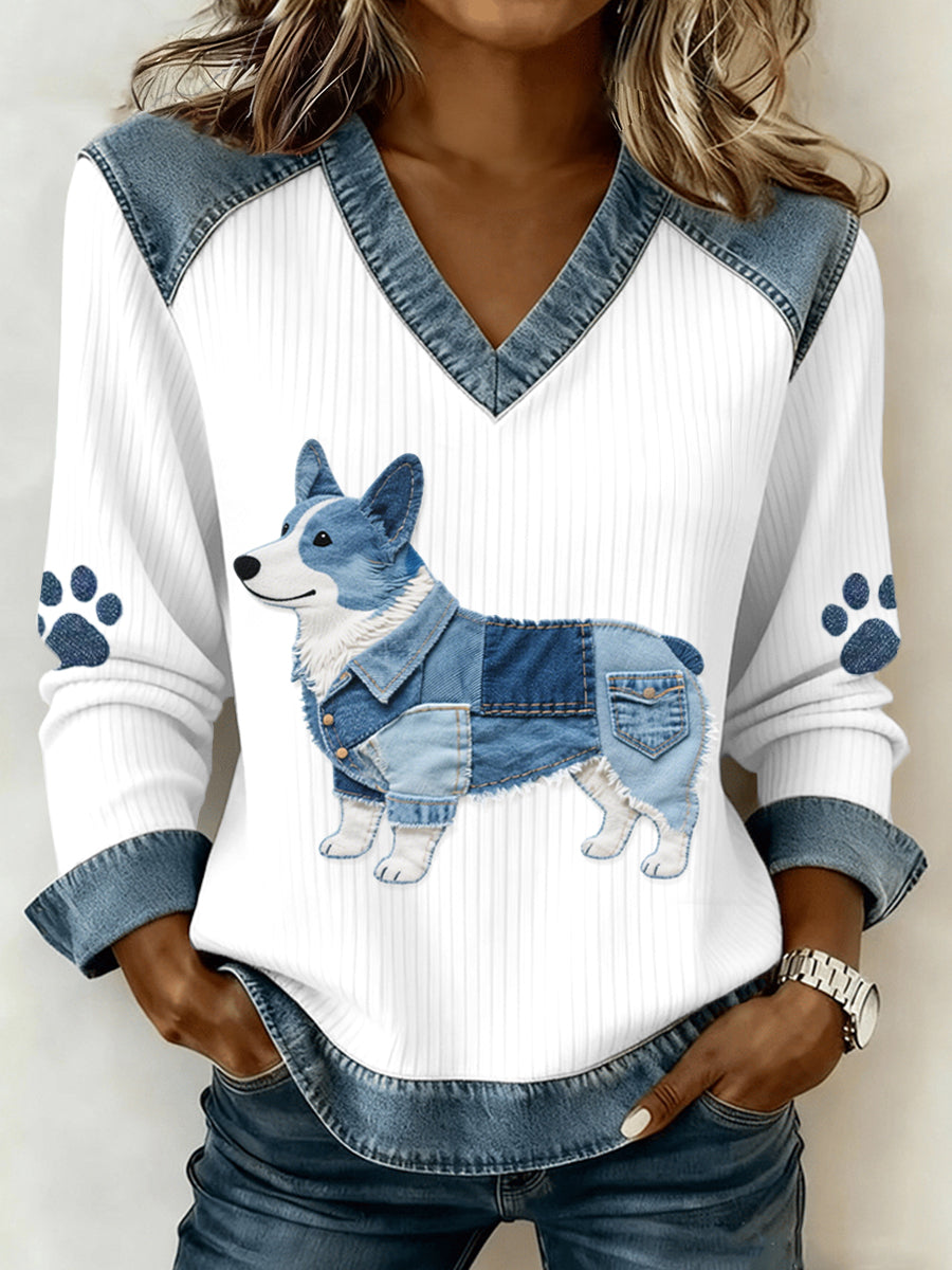 Adorável Corgi padrão Denim Patchwork v-Neck Top feminino