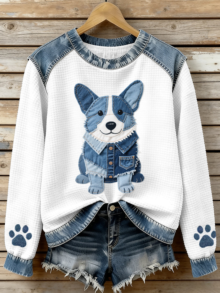 Adorável Corgi padrão Denim Patchwork Waffle moletom das mulheres