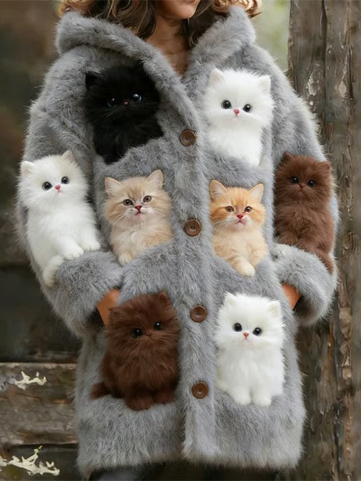 Animal gato das mulheres imprimir flanela casaco quente