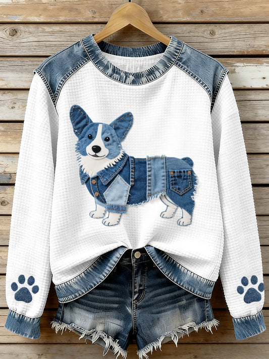 Adorável Corgi padrão Denim Patchwork Waffle moletom das mulheres