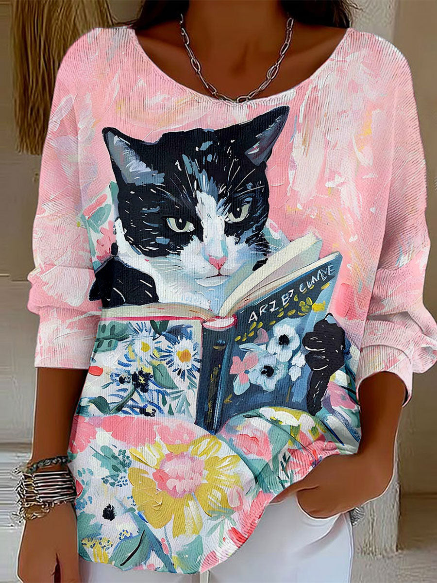 Camisetas femininas de gato estampado