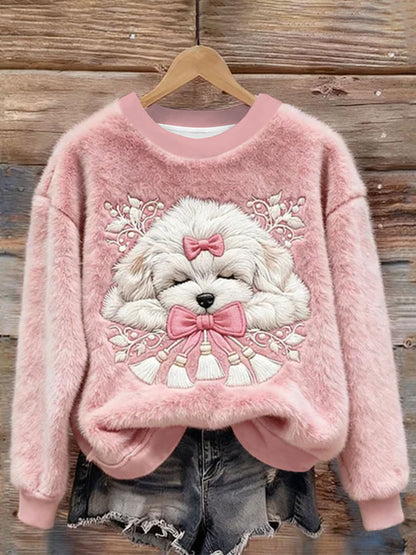 Cão do sono do Natal das mulheres bordou a camisola aconchegante do luxuoso