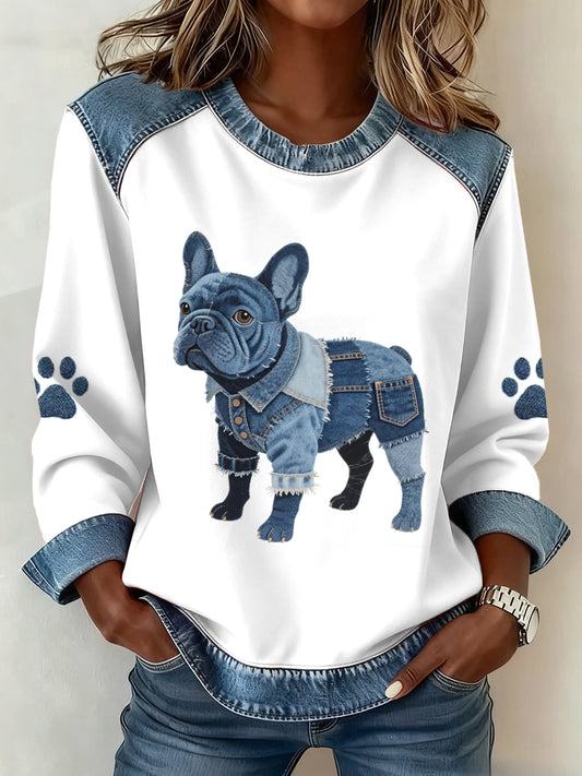 Adorável buldogue francês padrão Denim Patchwork moletom do mulheres