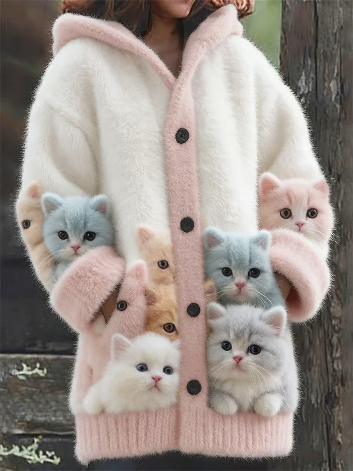 Animal gato das mulheres imprimir flanela casaco quente