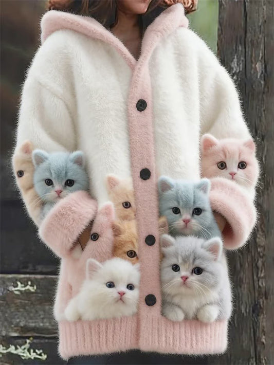 Animal gato das mulheres imprimir flanela casaco quente